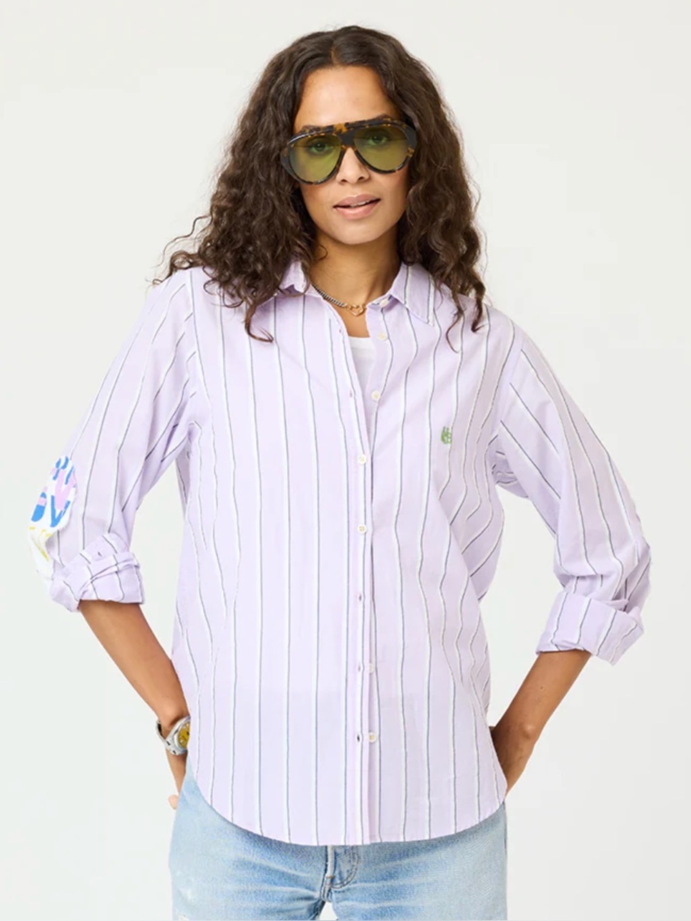 Kerri Rosenthal Mia Stripe Shirt Womens M Lavender Heart Patch NWT